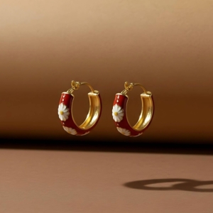 Gold Red Enamel Daisy Hoops-Bold Floral Statement Jewellery