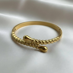 Gold Rope Twist Open Cuff Bangle with Hinged Clasp