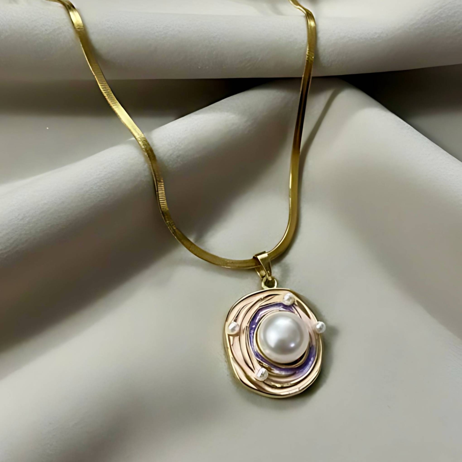 Gold Swirl Enamel Pearl Pendant Necklace on Snake Chain