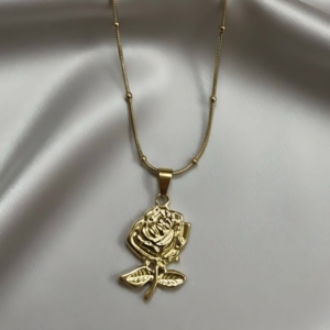 Gold Textured Rose Pendant Necklace on Beaded Satellite Chain