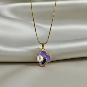 Purple Enamel Clover Pendant Necklace With Pearl - Luxury Inspired Flower Charm