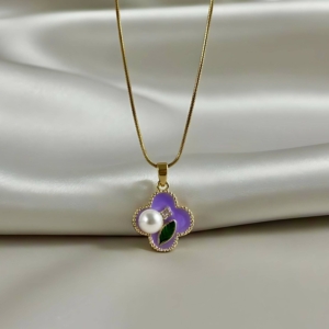 Purple Enamel Clover Pendant Necklace With Pearl - Luxury Inspired Flower Charm