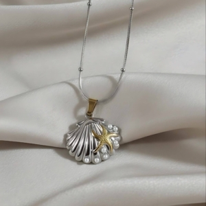 Silver Coastal Shell Necklace with Gold Starfish Charm - Oceanic Jewellery