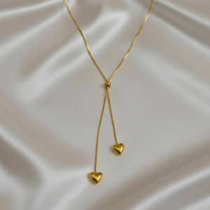 Sleek Gold Sleek Chain Drop Necklace with Puffy Heart Charms