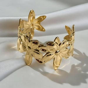 Wide Gold Flower Cuff Bracelet - Statement Botanical Jewellery