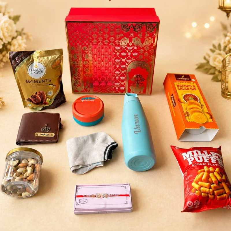 Personalized Rakhi Hamper with Custom Name Wallet & Flask | Best Gift for Brother on Rakshabandhan & Birthday - Personalized Gift Product Photo Personalized Rakhi Hamper with Custom Name Wallet & Flask | Best Gift for Brother on Rakshabandhan & Birthday personalized gift product photo
