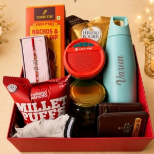 Personalized Rakhi Hamper with Custom Name Wallet & Flask | Best Gift for Brother on Rakshabandhan & Birthday personalized gift product photo