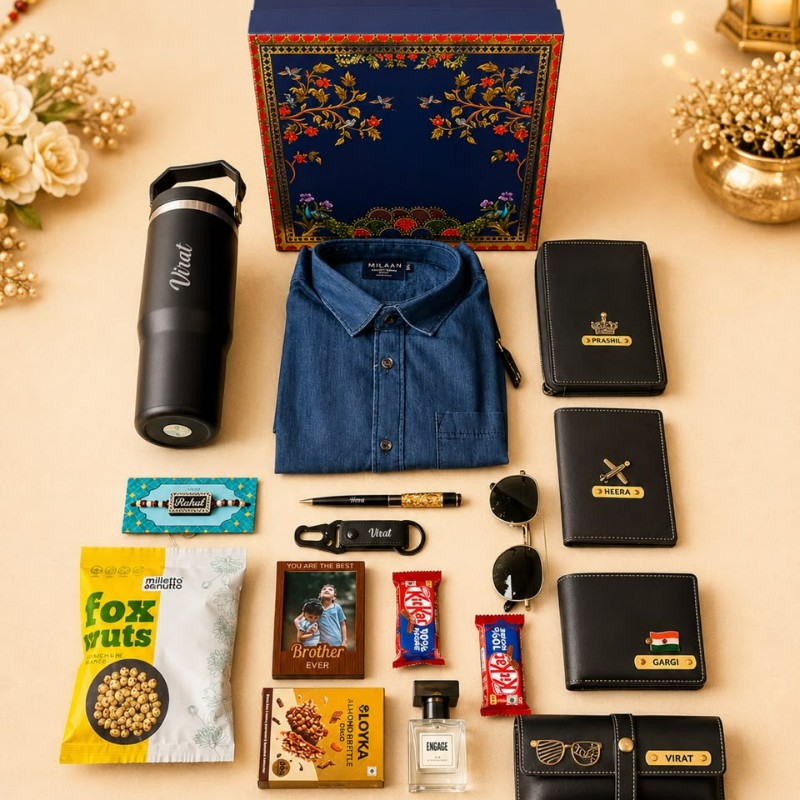 Personalized Rakhi Hamper with Wallet & Flask | Best Gift for Brother on Rakshabandhan & Birthday - Personalized Gift Product Photo Personalized Rakhi Hamper with Wallet & Flask | Best Gift for Brother on Rakshabandhan & Birthday personalized gift product photo