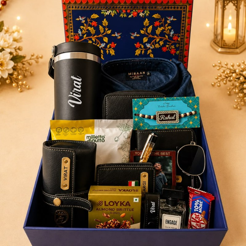 Personalized Rakhi Hamper with Wallet & Flask | Best Gift for Brother on Rakshabandhan & Birthday – Personalized Gift Product Photo Personalized Rakhi Hamper with Wallet & Flask | Best Gift for Brother on Rakshabandhan & Birthday personalized gift product photo