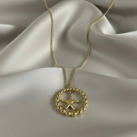 Gold Beaded Circle Pendant Necklace with Dainty Starfish Charm