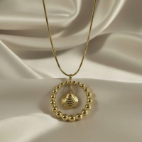 Gold Beaded Circle Pendant Necklace with Seashell Charm