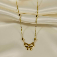 Gold Bow Necklace with Beaded Chain - Feminine Charm Jewellery