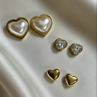 Gold Heart Stud Earring Combo Set