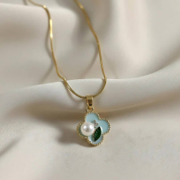 Gold Pastel Enamel Four - Leaf Clover Necklace with Pearl Accent