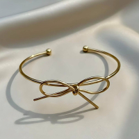 Gold Wire Bow Cuff Bracelet - Feminine Open Bangle Jewellery