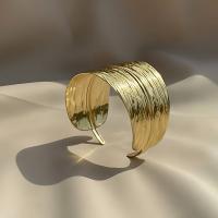 Wide Gold Leaf Texture Cuff Bangle-Sculptural Botanical Jewellery