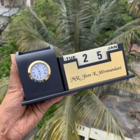 Wooden Pen Stand With Clock And Calendar - Corporate Gifts - Office Pen Stand - Office Name Plate