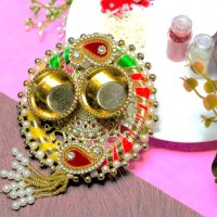 Handcrafted Roli Chawal Platter – Traditional Raksha Bandhan Puja Thali – Includes Small Roli Chawal Bottles (2)