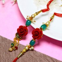 Red Rose Flower Bhaiya Bhabhi Rakhi – Elegant Flower Rakhi with Beads and Pearls – Raksha Bandhan Gifts (2)